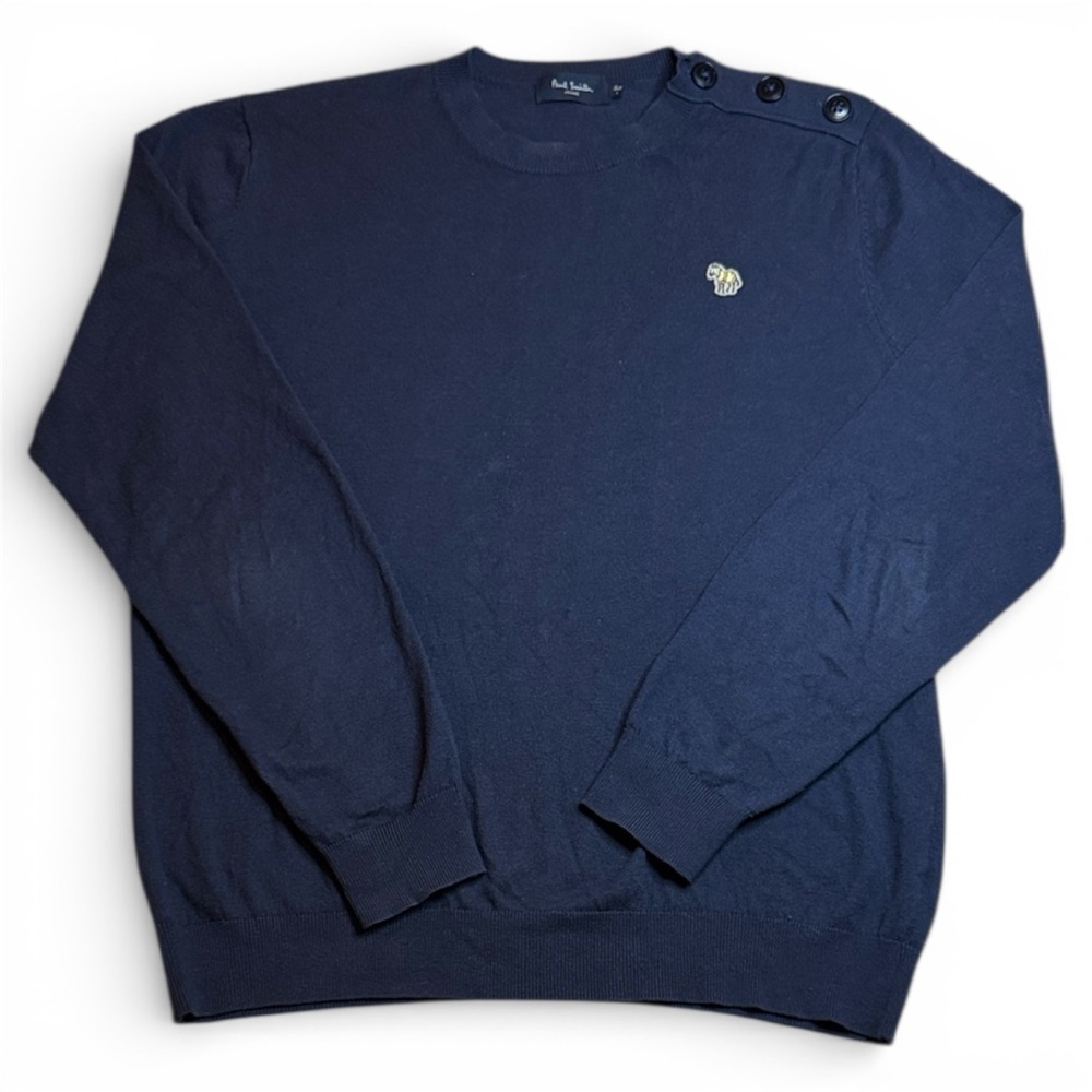 Paul Smith Navy Crewneck Sweater with Shoulder Buttons Embroidered Zebra Patch L